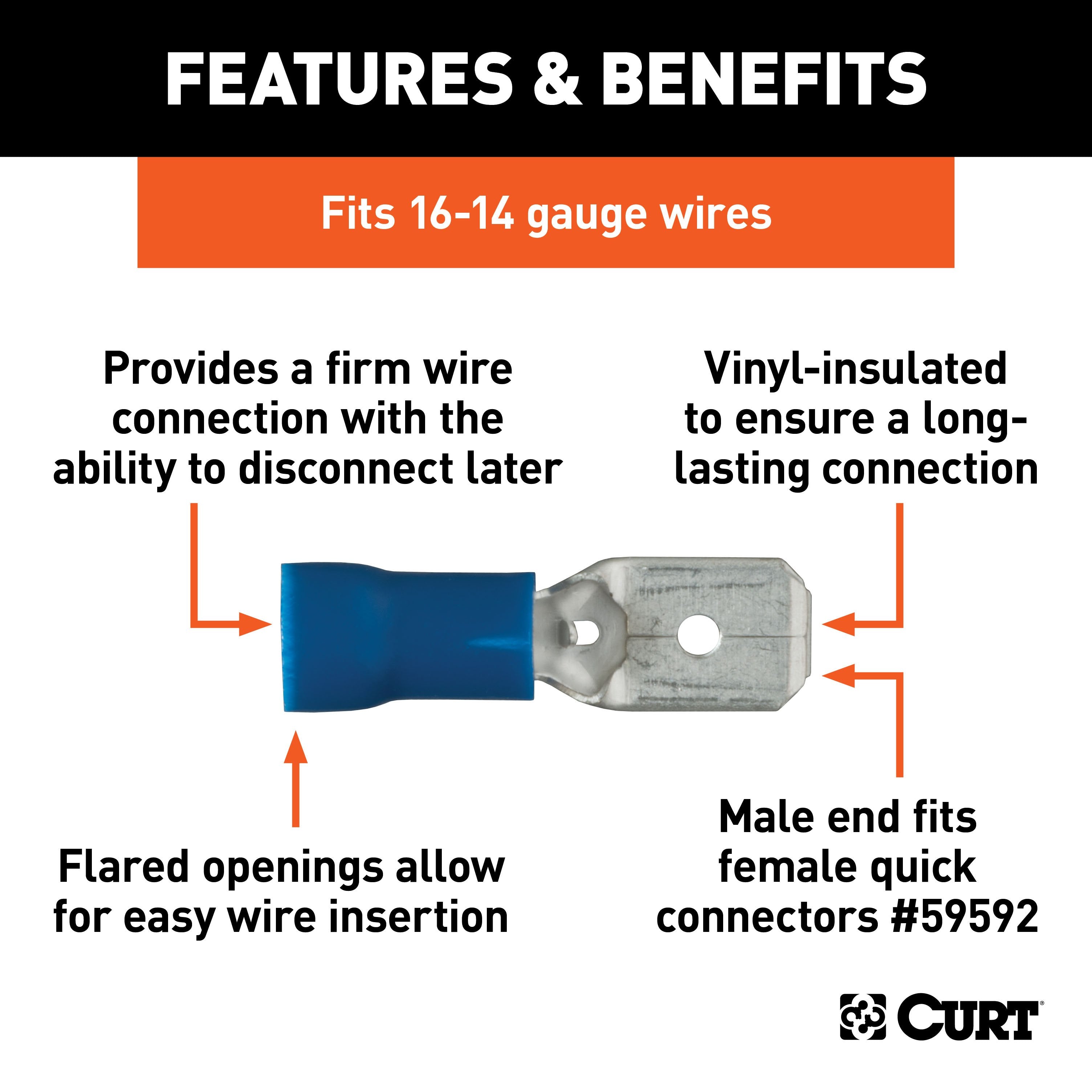 CURT 16-14 Gauge Blue Vinyl-Insulated Male Wire Quick Connectors, 100-Pack Model 59432