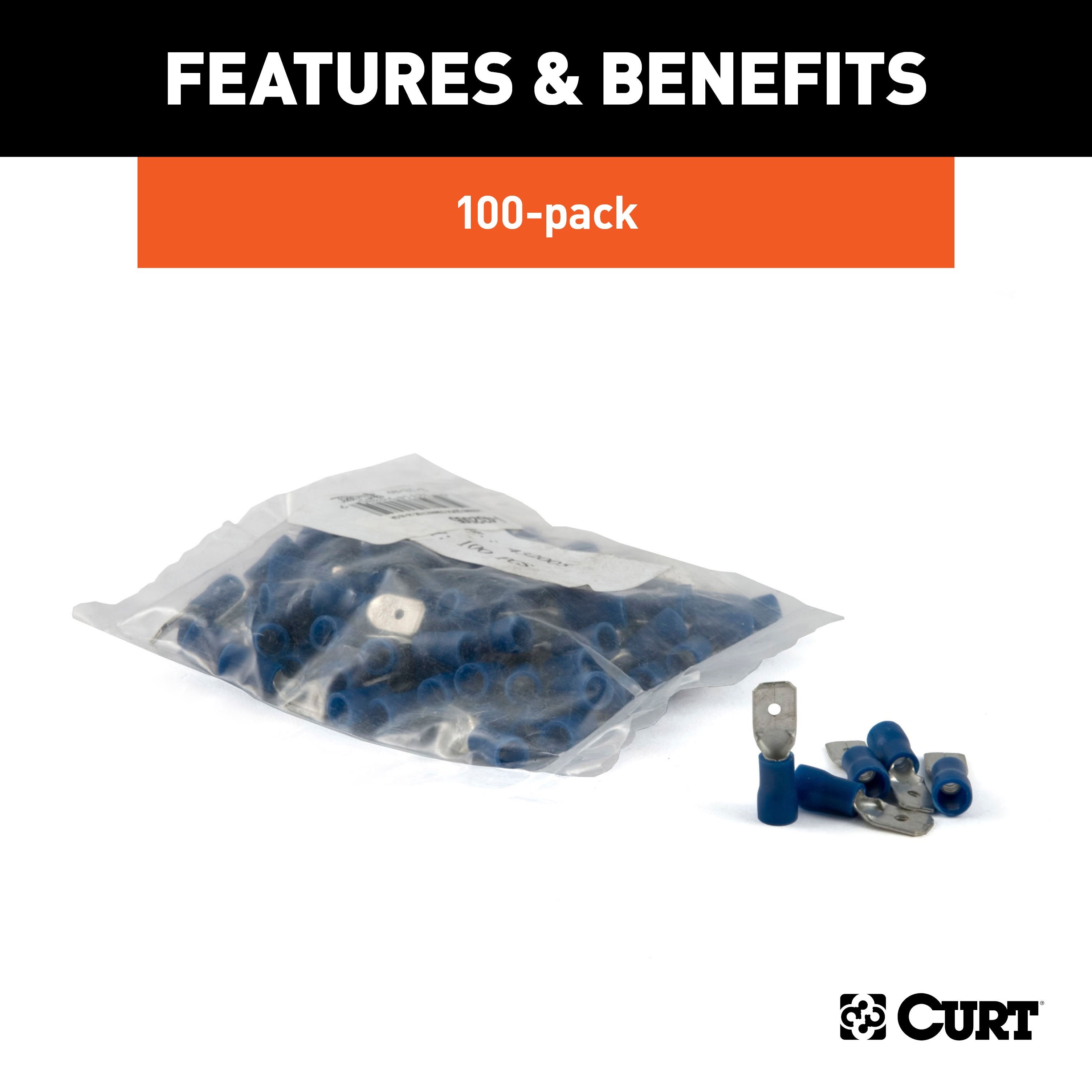 CURT 16-14 Gauge Blue Vinyl-Insulated Male Wire Quick Connectors, 100-Pack Model 59432