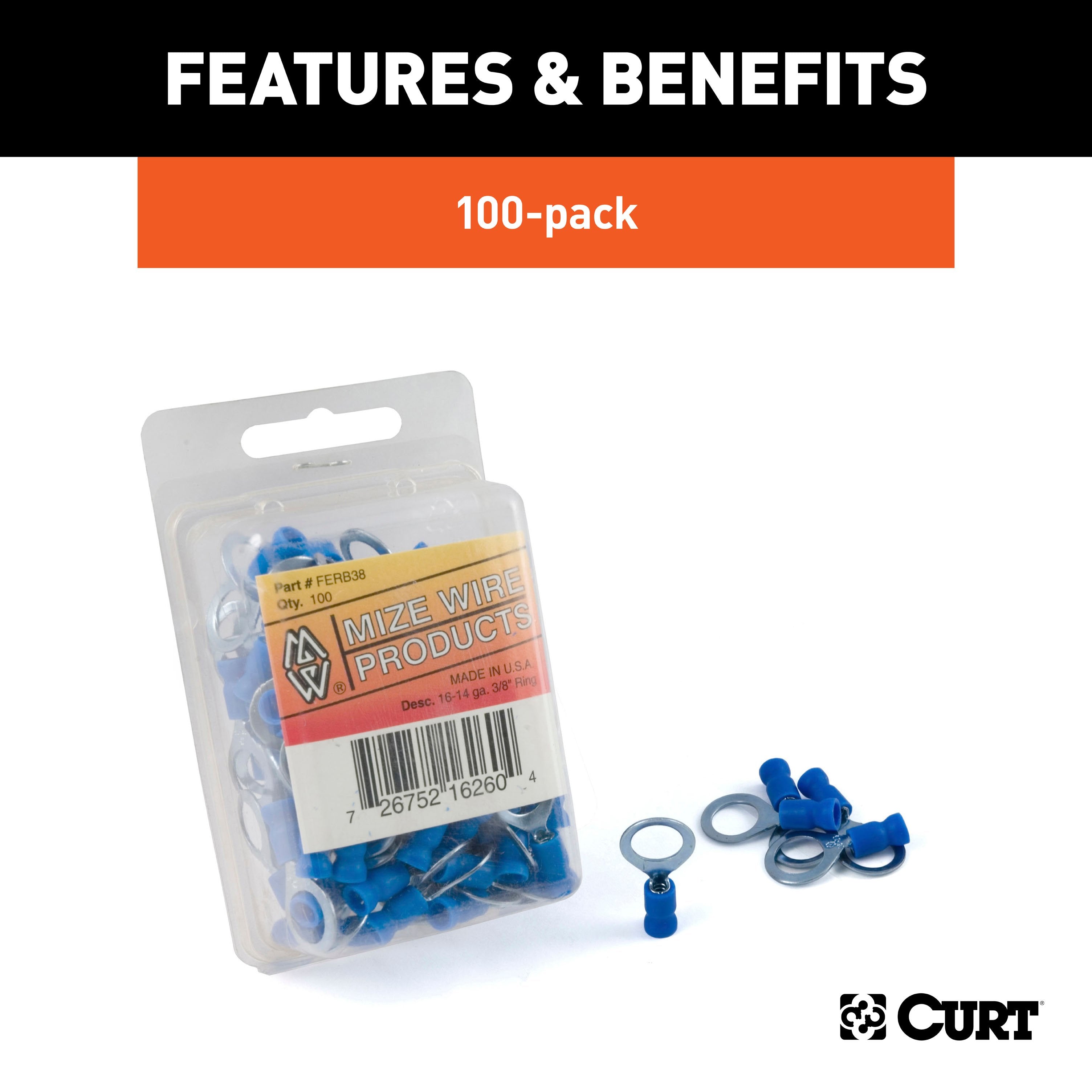 CURT 16-14 Gauge Blue Vinyl-Insulated Ring Terminal Wire Connectors, 3/8-Inch Stud, 100-Pack Model 59523