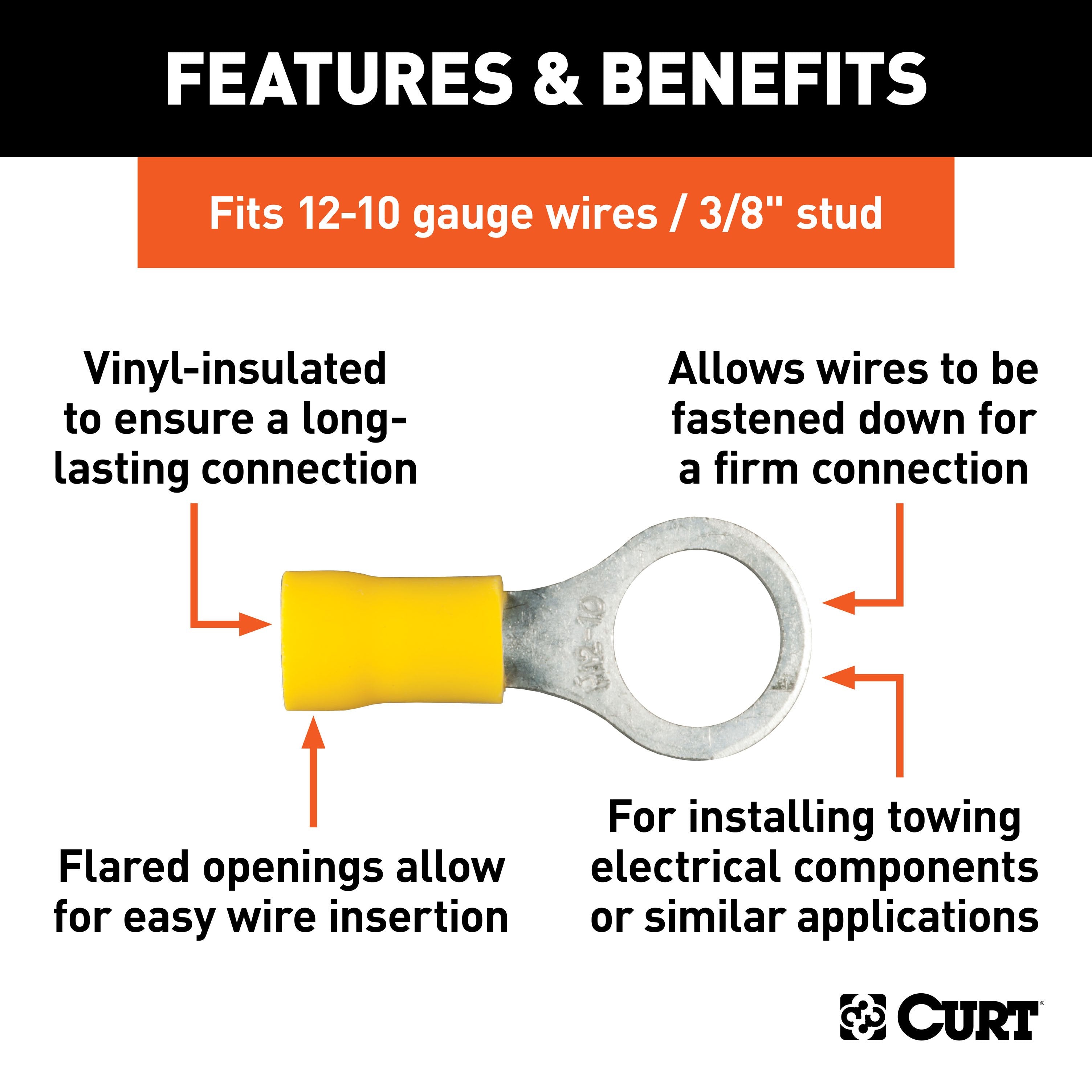 CURT 12-10 Gauge Yellow Vinyl-Insulated Ring Terminal Wire Connectors, 3/8-Inch Stud, 100-Pack Model 59538