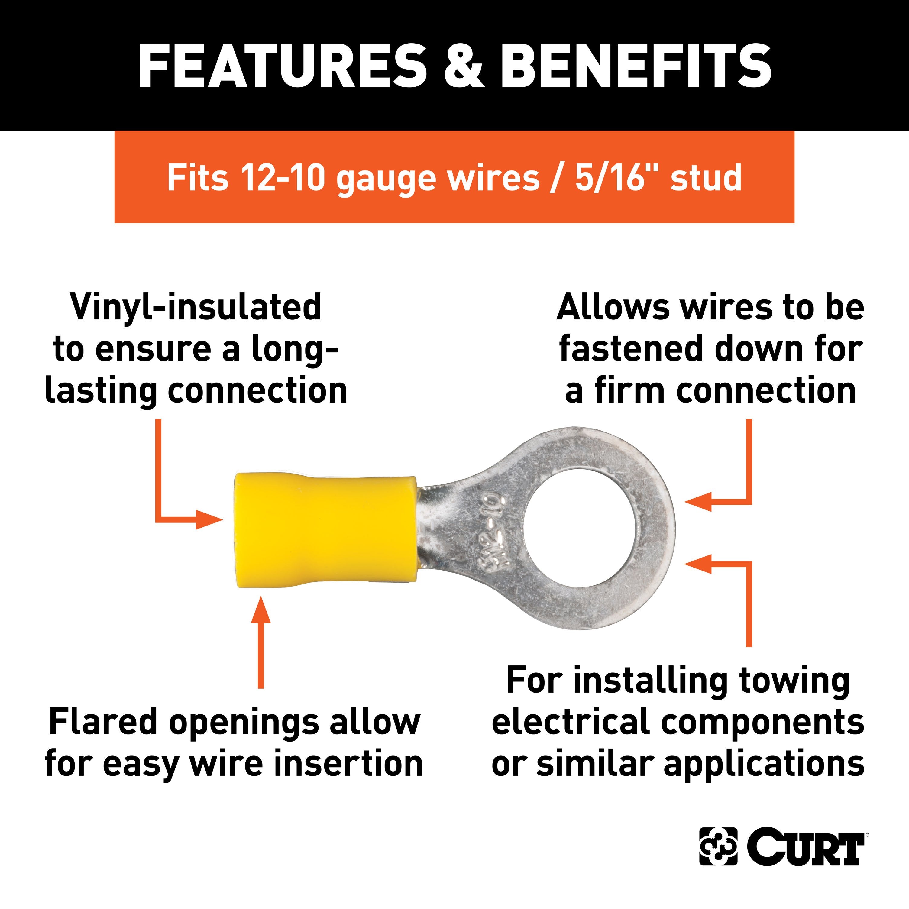 CURT 12-10 Gauge Yellow Vinyl-Insulated Ring Terminal Wire Connectors, 5/16-Inch Stud, 100-Pack Model 59556