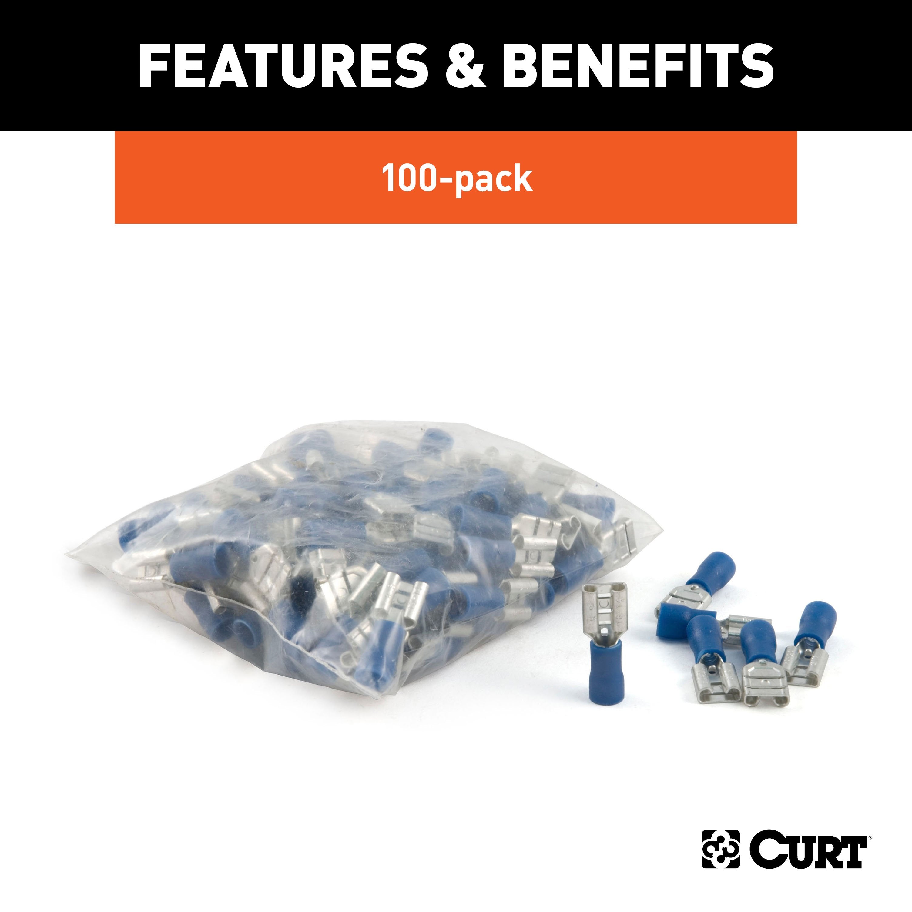 CURT 16-14 Gauge Blue Vinyl-Insulated Female Wire Quick Connectors, 100-Pack Model 59592