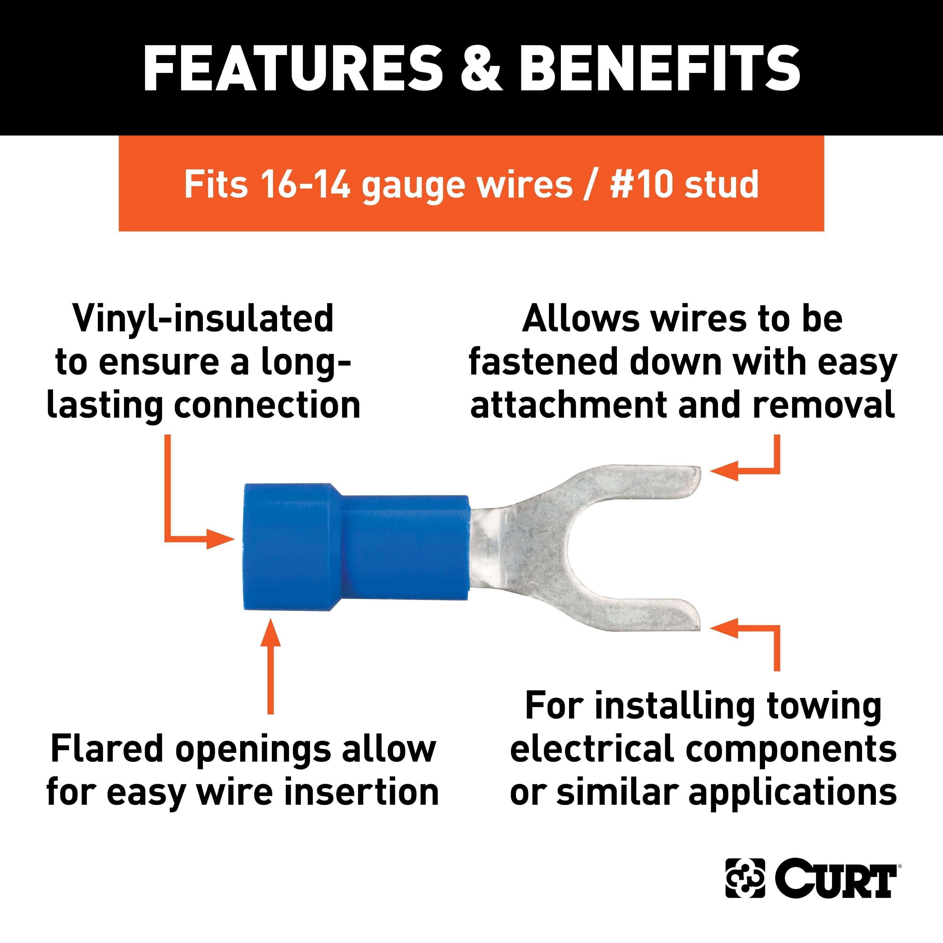 CURT 16-14 Gauge Blue Vinyl-Insulated Spade Terminal Connectors, #10 Stud, 100-Pack Model 59621