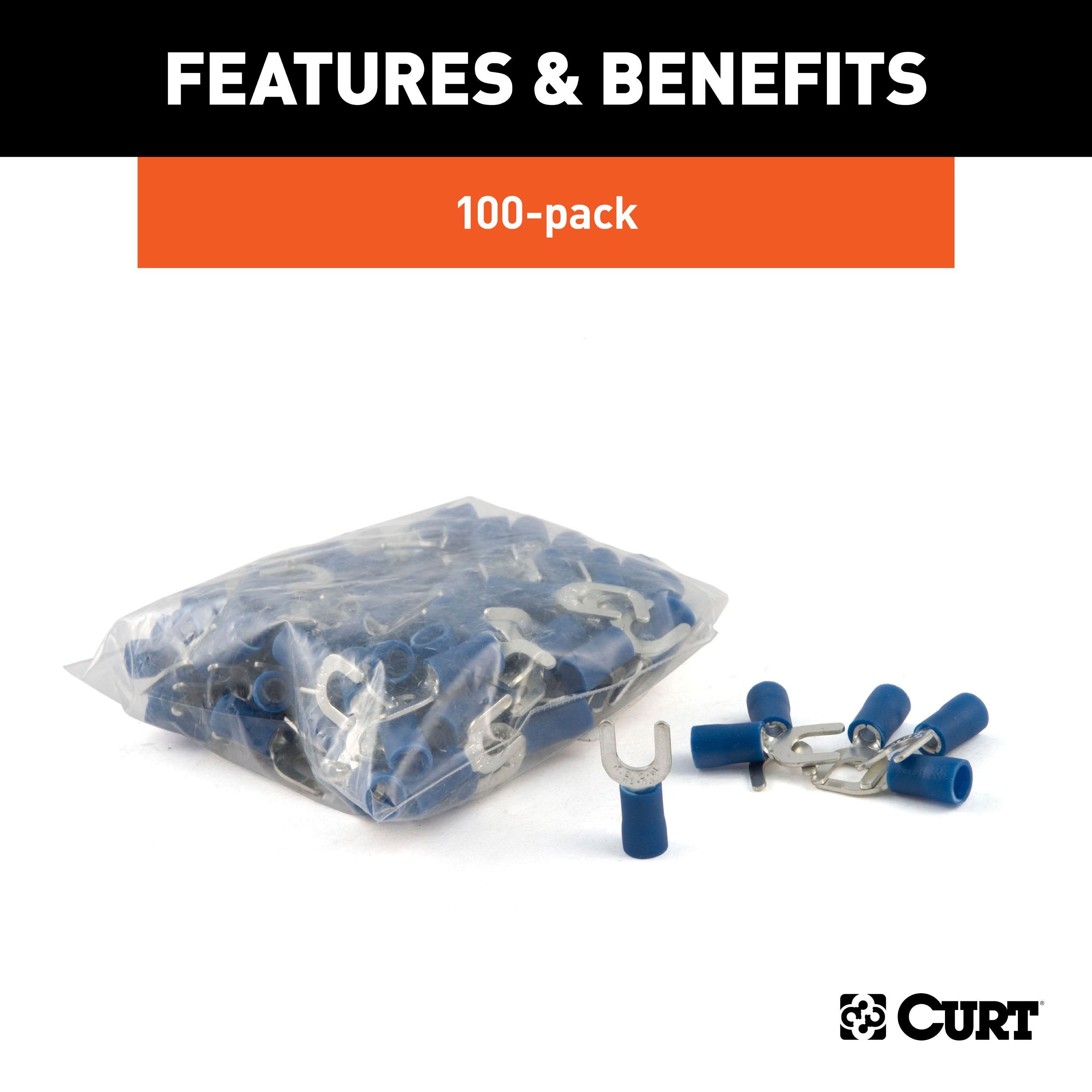 CURT 16-14 Gauge Blue Vinyl-Insulated Spade Terminal Connectors, #10 Stud, 100-Pack Model 59621
