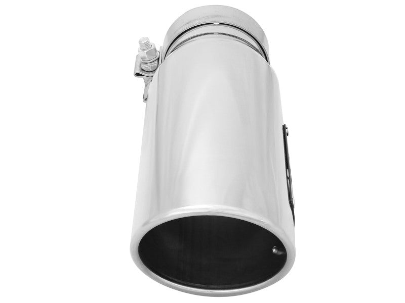 Polished afe MACH Force-Xp universal exhaust tip with a 3-1/2 inch inlet, 4-1/2 inch outlet, and 12 inch length.