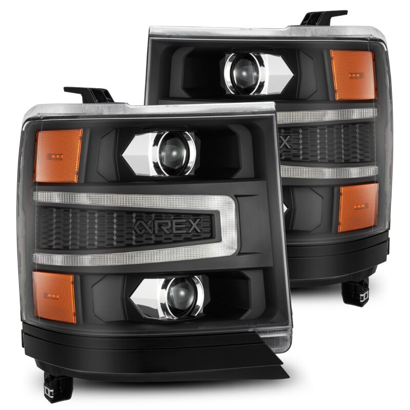 AlphaRex LUXX LED projector headlights for 2016-2018 Chevy 1500HD with sequential activation lights and black housing.