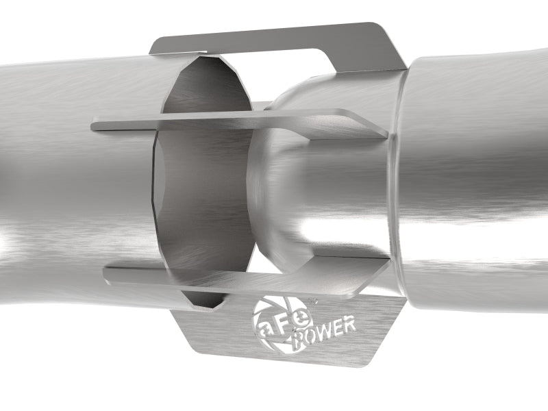 Close-up of aFe Rebel Series DPF-Back Exhaust System component for Ford F-150 18-21 V6-3.0L, showcasing stainless steel construction.