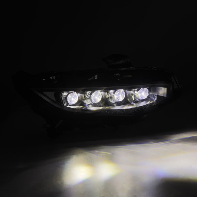 AlphaRex NOVA-Series LED projector headlights for 16-21 Honda Civic in alpha-black with sequential signals and daytime running lights.