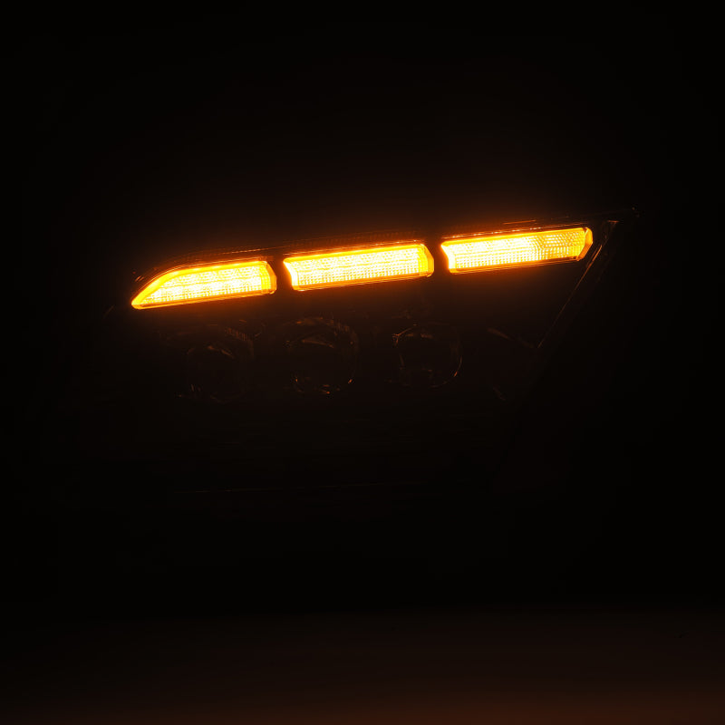 AlphaRex 13-14 Ford Mustang NOVA LED projector headlights in black with active lighting and sequential signal features.