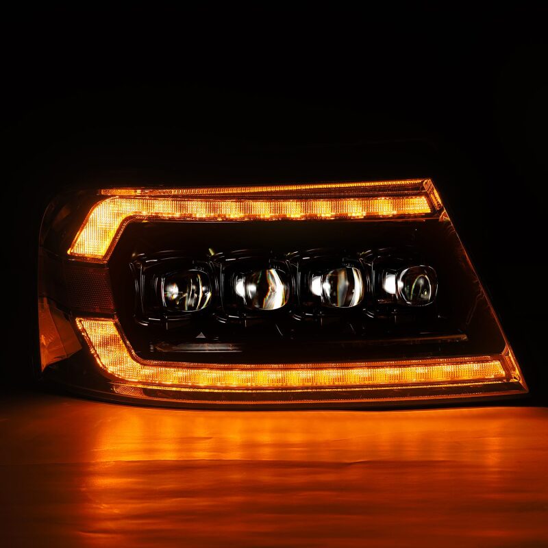 AlphaRex NOVA-Series LED projector headlights for 04-08 Ford F-150, featuring chrome finish, sequential signals, and active lighting.