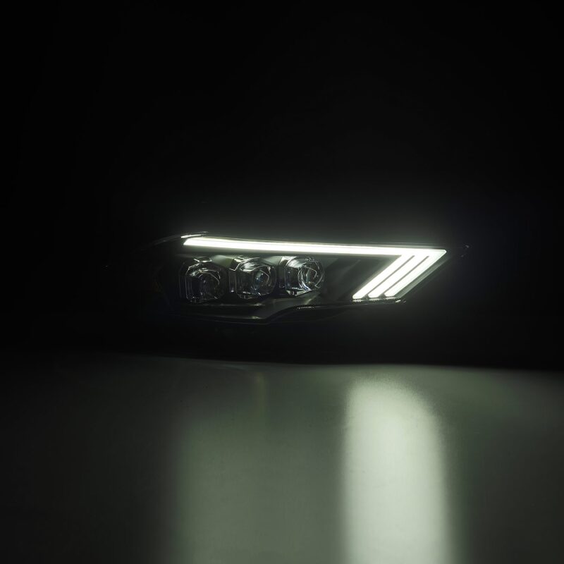 AlphaRex NOVA-Series LED projector headlights for 2018-2022 Ford Mustang in black, showcasing sleek design and bright illumination.