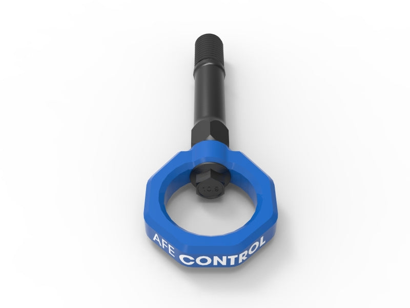 aFe CONTROL Tow Hook for Nissan Z 23-25 V6-3.0L, featuring a durable design with a blue handle and black bolt.