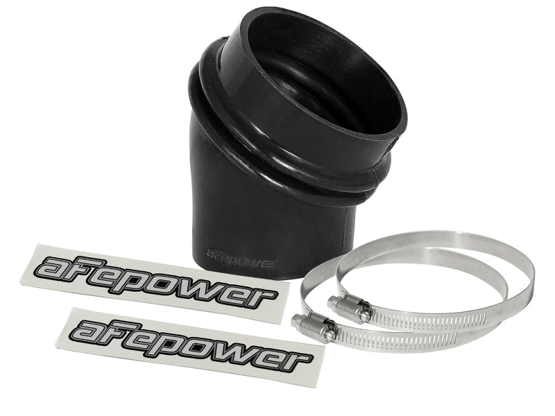 afe Magnum FORCE Intake Coupling Kit featuring a black elbow coupler, two stainless steel clamps, and branded stickers.