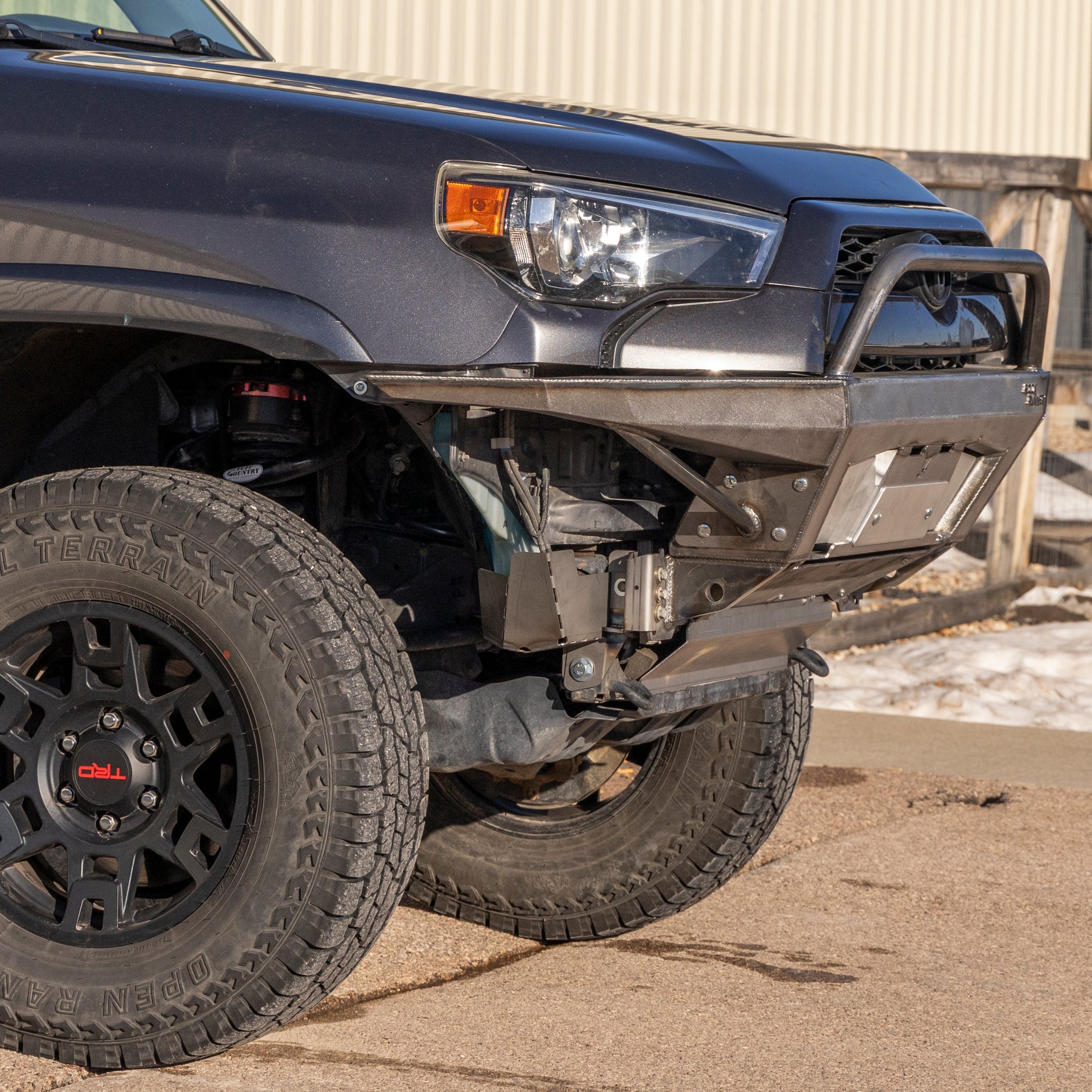 4Runner Rock Runner Front Bumper for 5th Gen models with 1-inch body lift, enhancing off-road capability and protection.