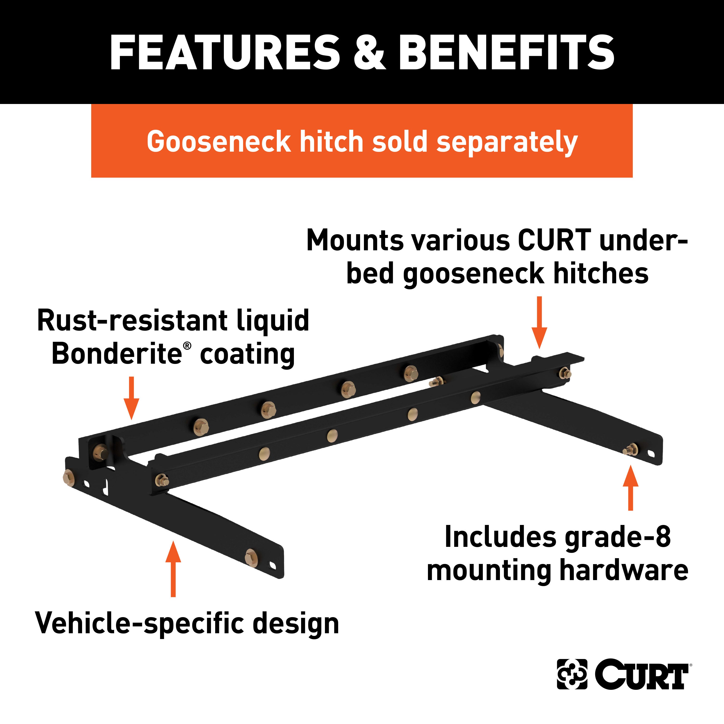CURT Under-Bed Gooseneck Installation Brackets, Fits Select Dodge Ram 1500, 2500, 3500 Model 60635