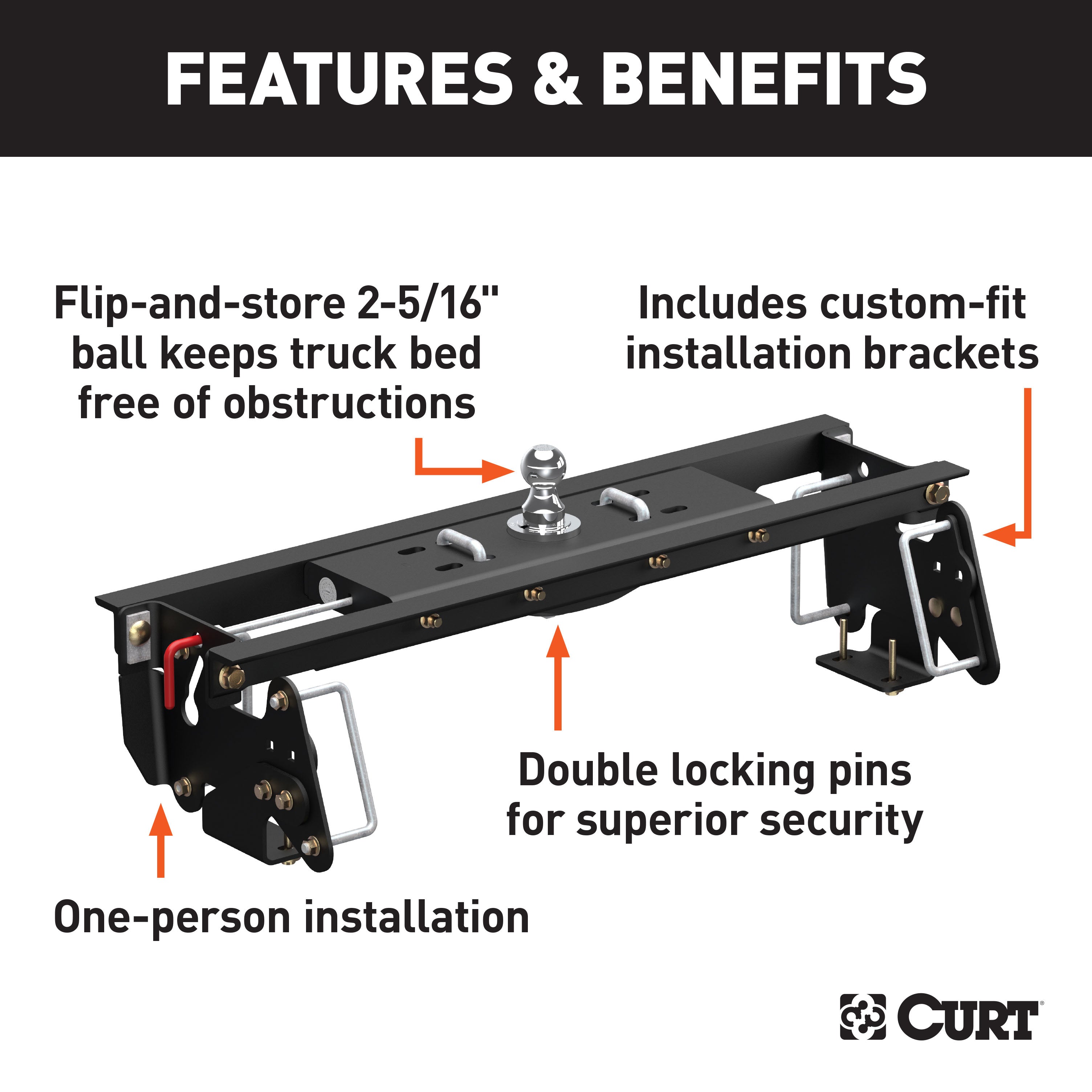 CURT Double Lock EZr Gooseneck Hitch, 2-5/16-In. Flip-Over Ball 30K, Fits Select Dodge, Ram 2500, 3500 Model 60682