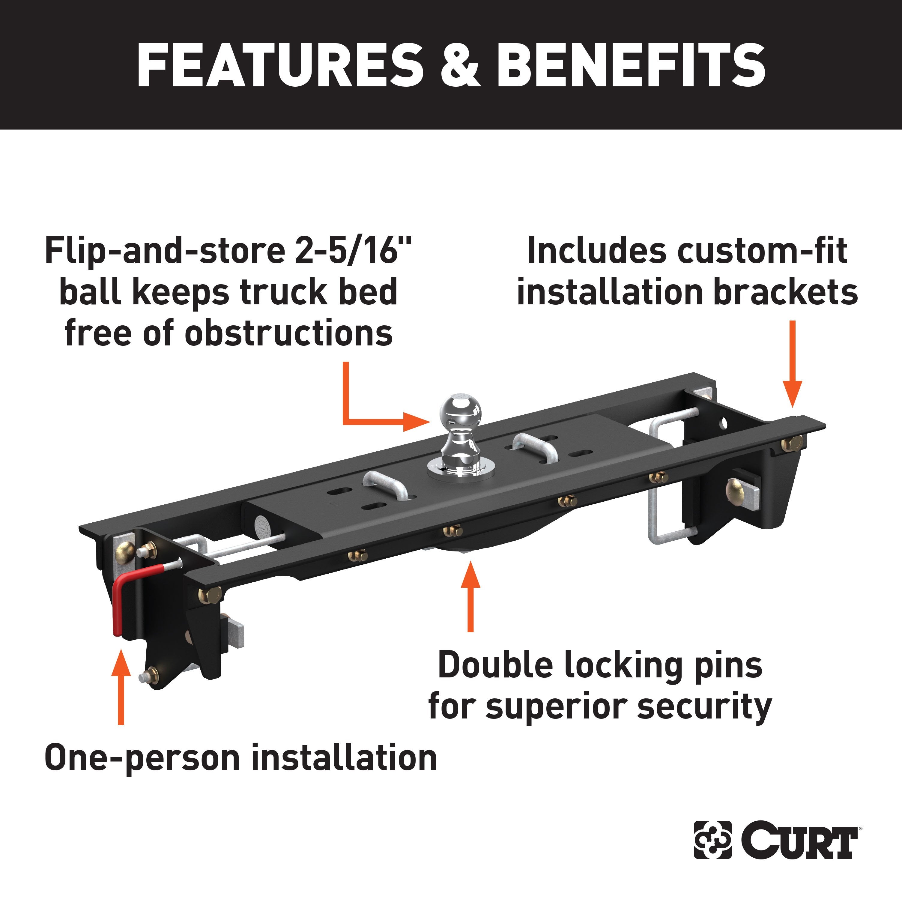 CURT Double Lock EZr Gooseneck Hitch, 2-5/16-In. Flip-Over Ball 30K, Fits Select Ford F-250, F-350 Super Duty Model 60685