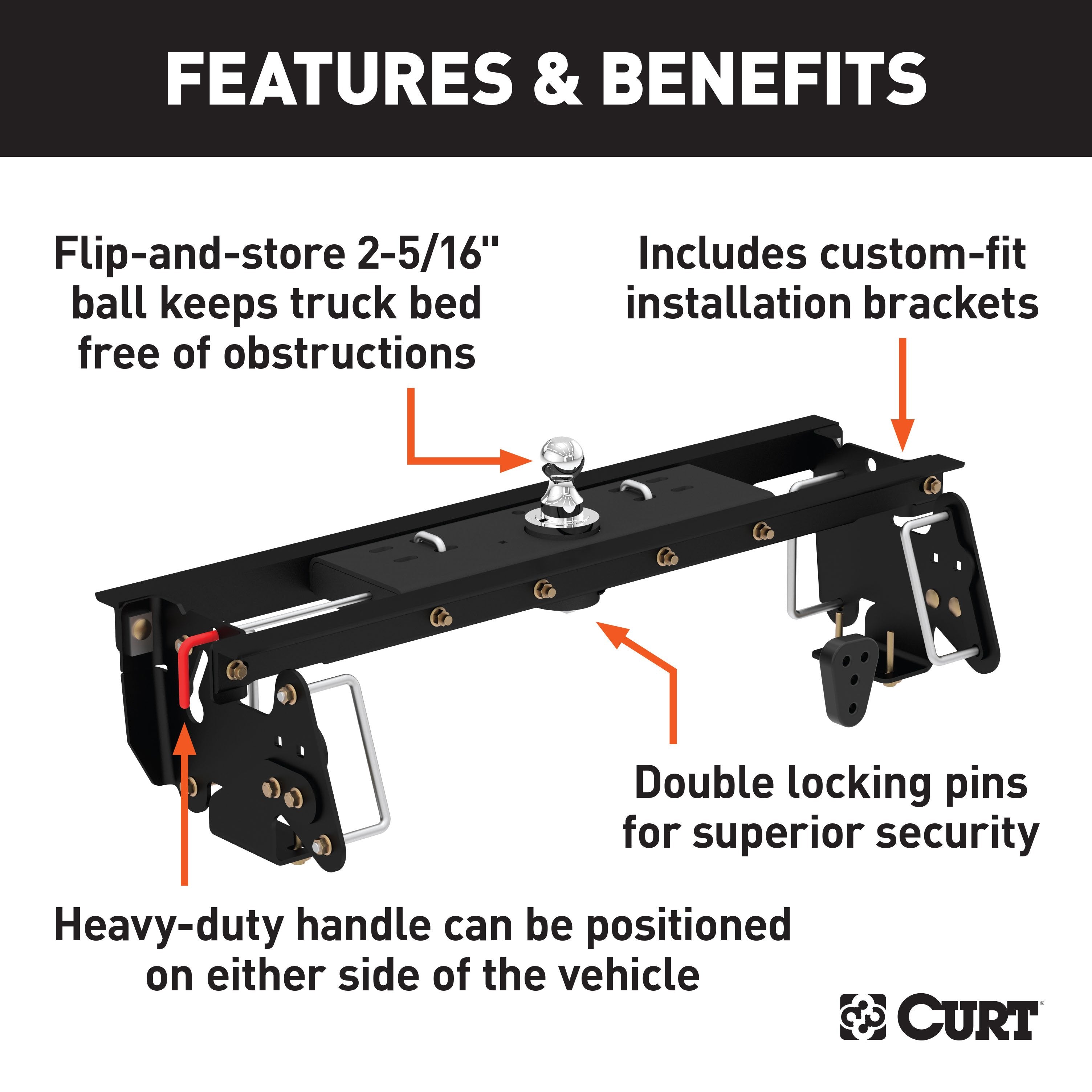 CURT Double Lock Gooseneck Hitch, 2-5/16-Inch Flip-Over Ball 30K, Fits Select Dodge, Ram 2500, 3500 Model 60732