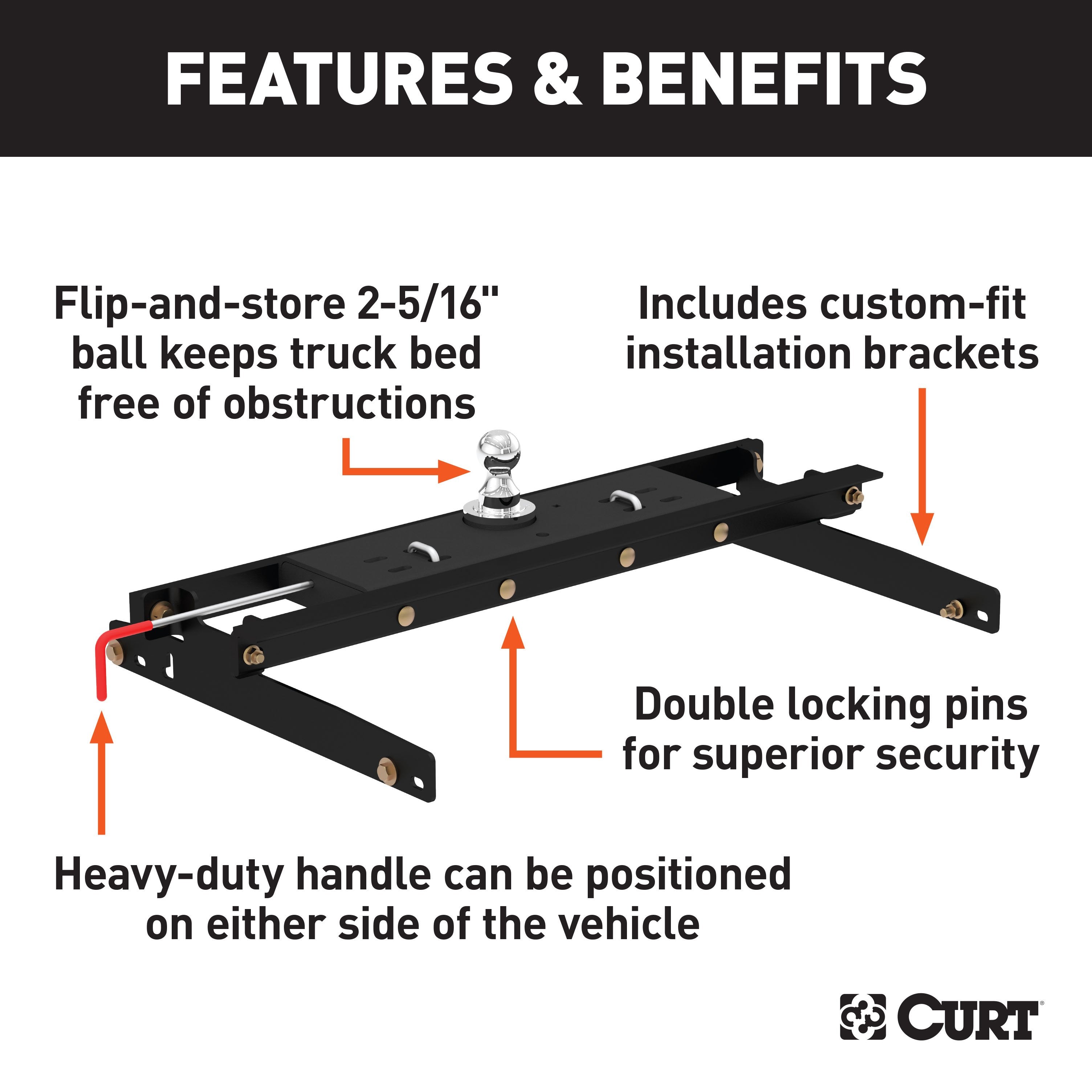 CURT Double Lock Gooseneck Hitch, 2-5/16-Inch Flip-Over Ball 30K, Fits Select Dodge Ram 1500, 2500, 3500 Model 60734