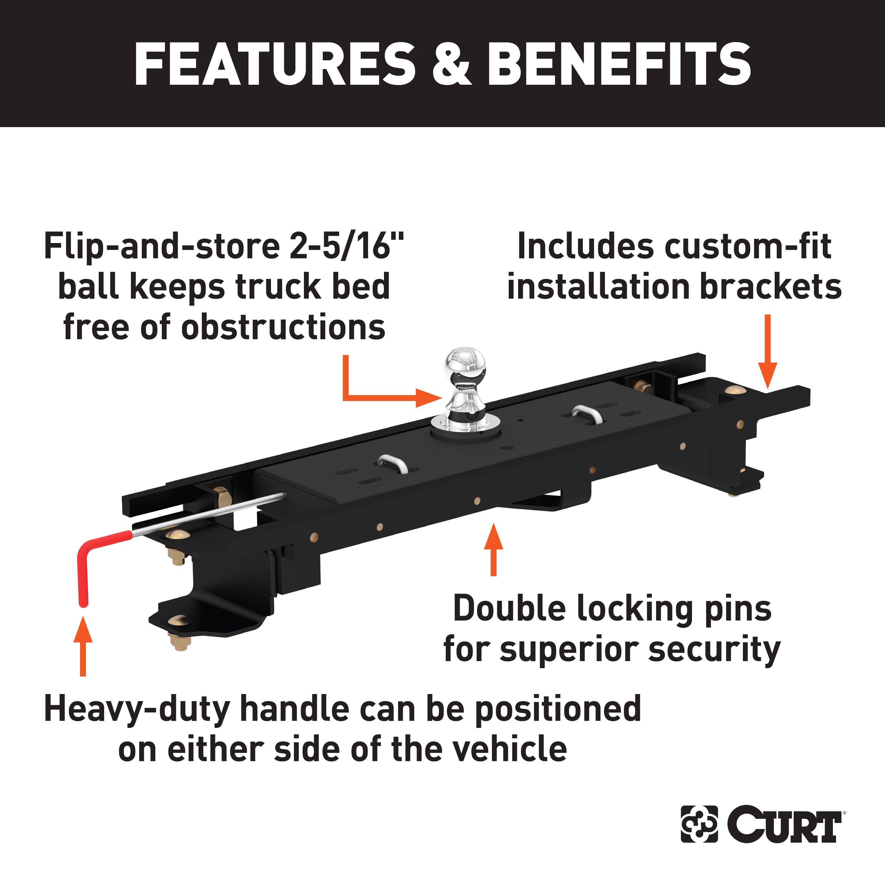 CURT Double Lock Gooseneck Hitch, 2-5/16-Inch Flip-Over Ball 30K, Fits Select Toyota Tundra, 6.5-Foot Bed Model 60751