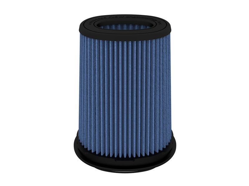 High-performance aFe Momentum replacement air filter with a blue pleated design, optimized for enhanced airflow and filtration.
