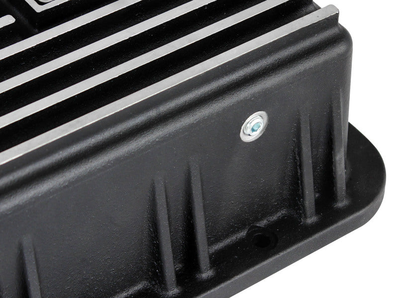 aFe POWER transmission pan for Ford trucks 80-92, designed for AOD transmissions, featuring a durable black finish and cooling fins.