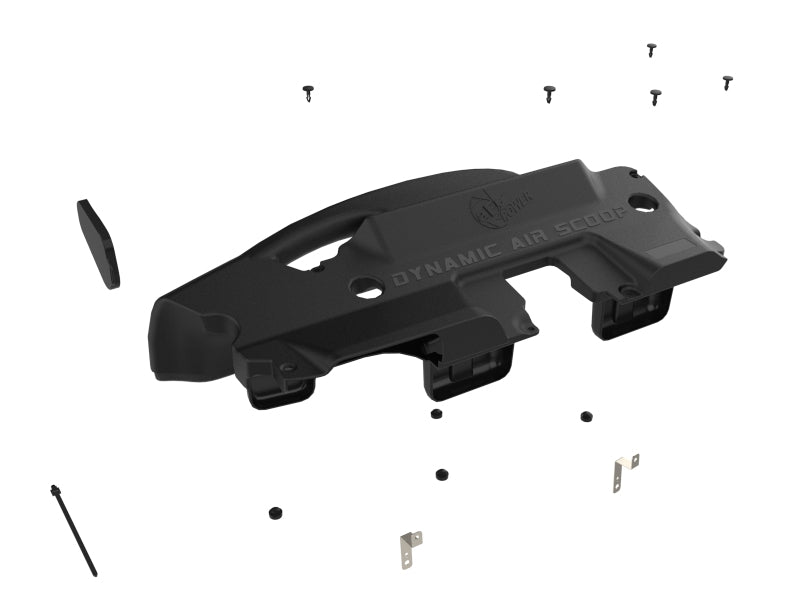 Dynamic air scoop for AFE Momentum intake kits, featuring a black design and various installation components.