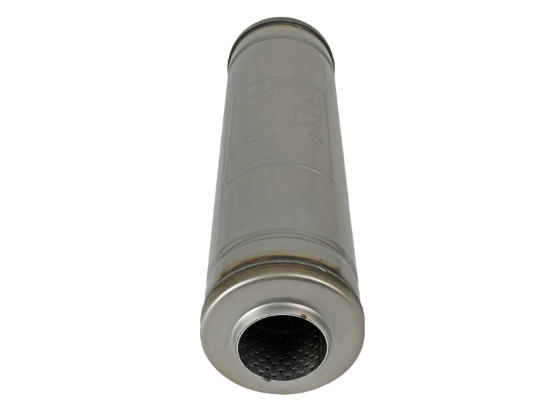 afe MACH Force-Xp round muffler with 2-1/2 inch ID, 5 inch diameter, and 18 inch length for enhanced exhaust performance.