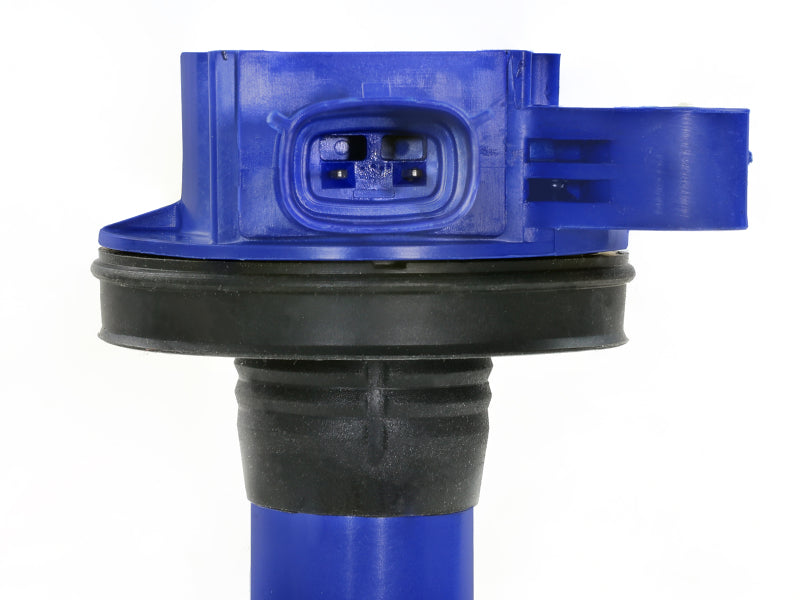 afe SCORCHER Ignition Coil for Ford Mustang and F-150, designed for 2011-2016 V8 5.0L engines, featuring a blue housing.