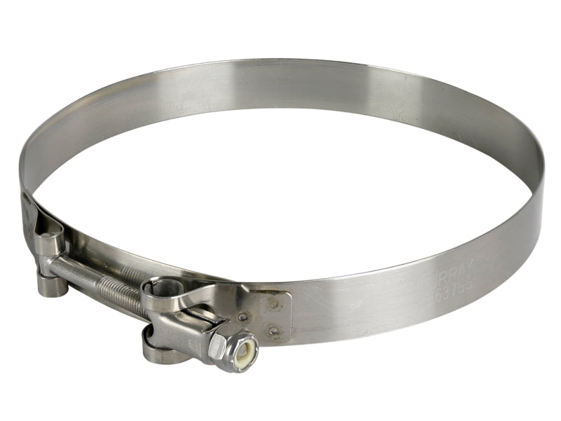 Stainless steel T-bolt clamp for 6-1/16 to 6-3/8 inch ID range, ideal for secure connections in automotive applications.
