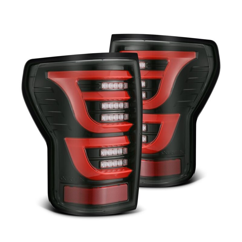 AlphaRex LUXX-Series LED tail lights for 07-13 Toyota Tundra in black and red, featuring modern design and enhanced visibility.
