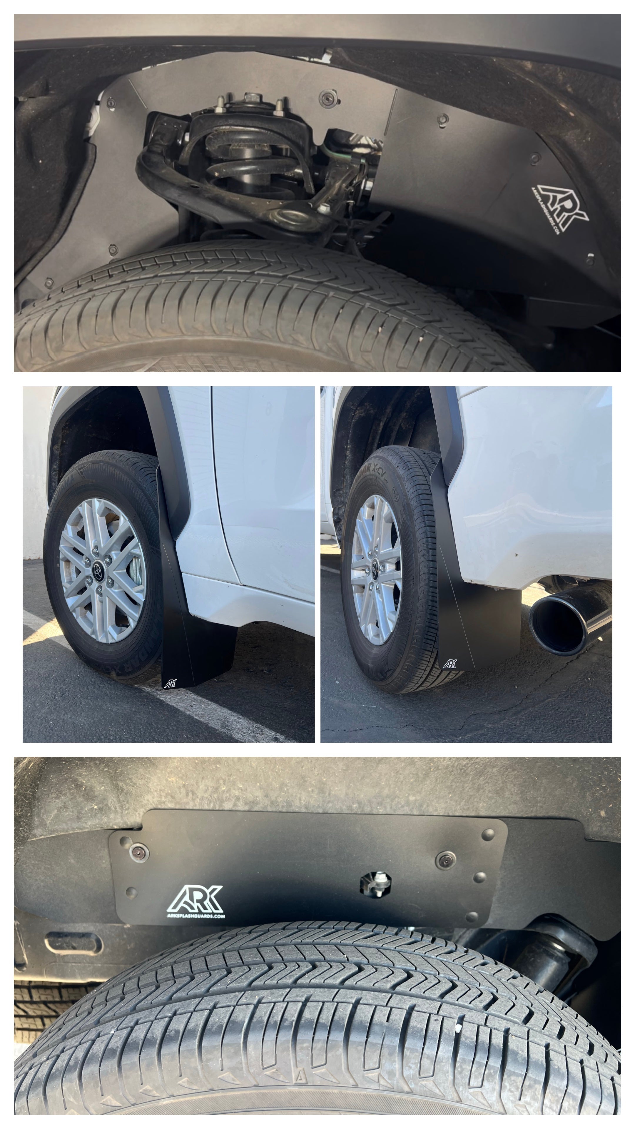 2022+ Toyota Tundra TriXPoly mud flaps showcasing installation on tires and undercarriage for enhanced protection.