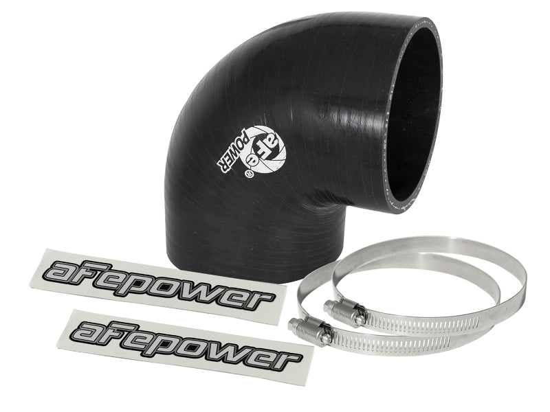 afe Magnum FORCE Intake Coupling Kit featuring a black straight bellow-coupler with two clamps and stickers for installation.