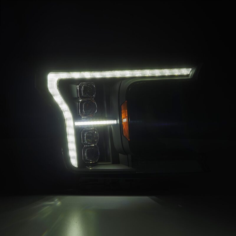 AlphaRex NOVA LED projector headlight for 2018-2020 Ford F-150, featuring a sleek black design and advanced lighting technology.