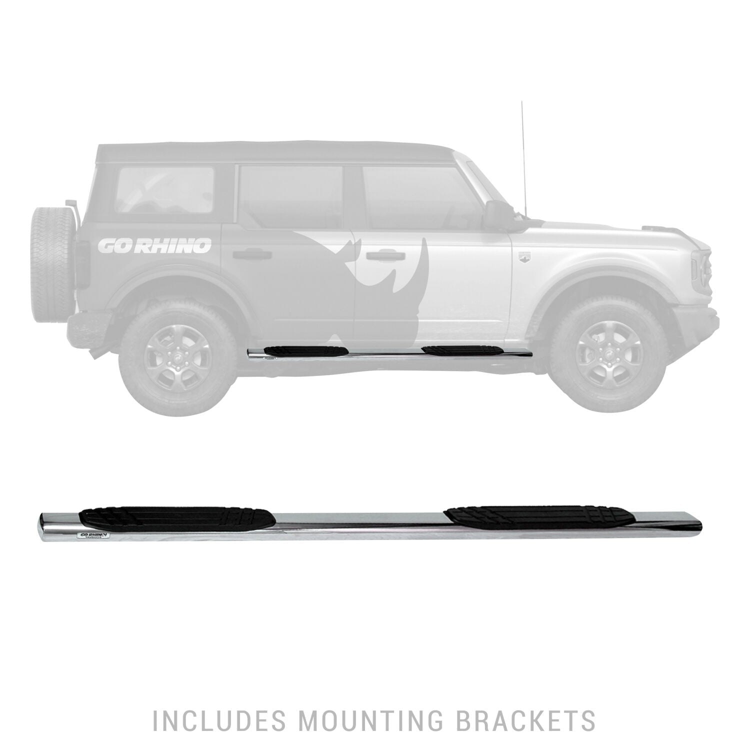 4 Inch OE Xtreme SideSteps With Mounting Bracket Kit Polished Stainless Steel 2021-2025 Ford Bronco 4 Door Go Rhino