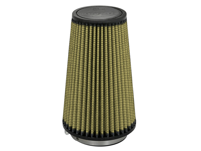 Universal afe Magnum FLOW air filter with a tapered design, measuring 3.5 inches at the top and bottom, and 8 inches in height.