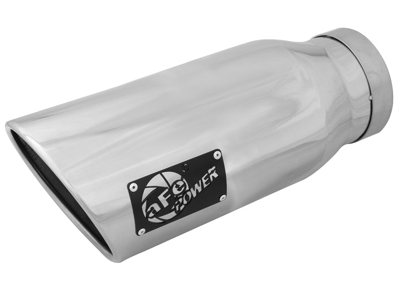 Polished stainless steel afe MACH Force-Xp exhaust tip with 4-inch inlet, 6-inch outlet, and 15-inch length.