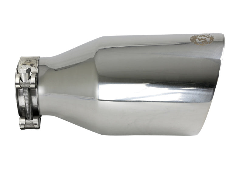 Polished stainless steel afe MACH Force-Xp universal exhaust tip with a 2-1/2 inch inlet and 4-1/2 inch outlet.