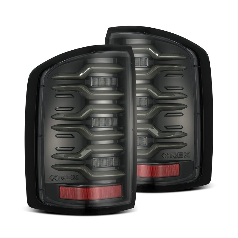 AlphaRex LUXX-Series LED tail lights for 14-18 GMC Sierra 1500/2500HD/3500HD in black with sequential signal lights.
