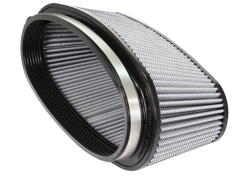 afe Magnum FORCE replacement air filter featuring a cylindrical design with a metal mesh exterior, measuring 11-3/8x4 inches at the front, 14x5-1/2 inches at the back, and 12x3-1/2 inches at the top, with a height