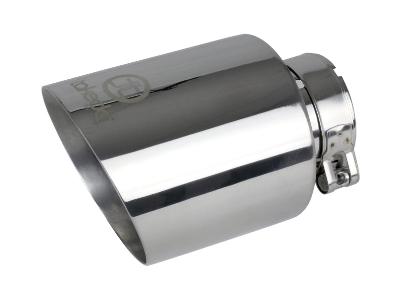 Polished afe Takeda universal exhaust tip with a 2-1/2 inch inlet, 4-1/2 inch outlet, and 7 inch length. Ideal for enhancing vehicle exhaust systems.