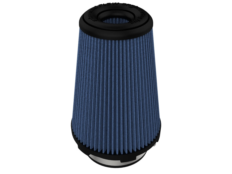 aFe Track Series intake replacement air filter with Pro 5R design, featuring a blue pleated filter and black base.