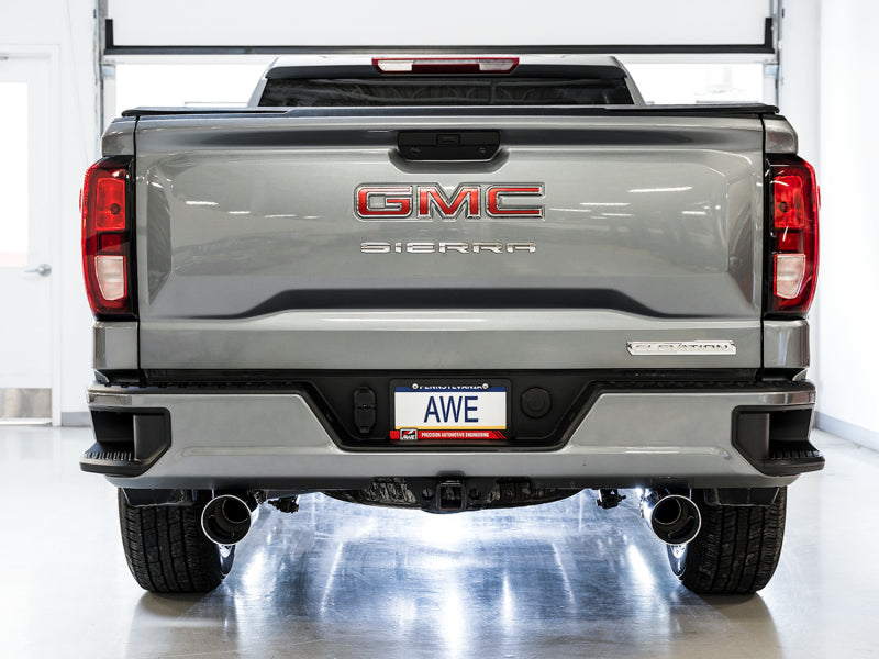 AWE Tuning 4th Gen GM 1500 5.3L 0FG Cat-Back Split Rear Exit (Flat Bumper) - Quad Chrome Tips
