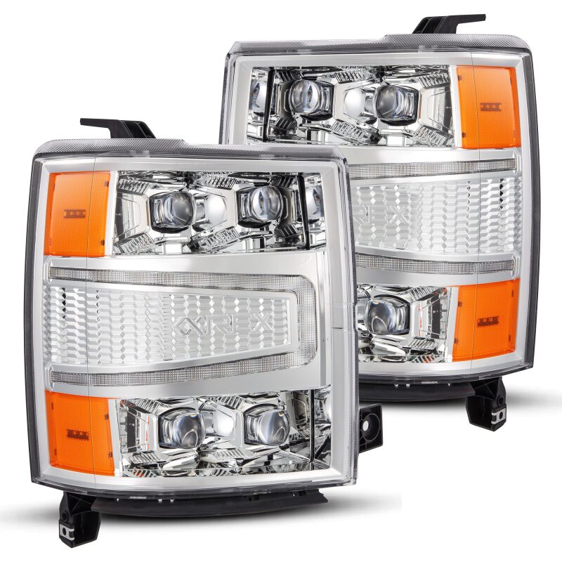 AlphaRex NOVA-Series LED projector headlights for 2004-2015 Chevy 1500HD with chrome finish and sequential signals.