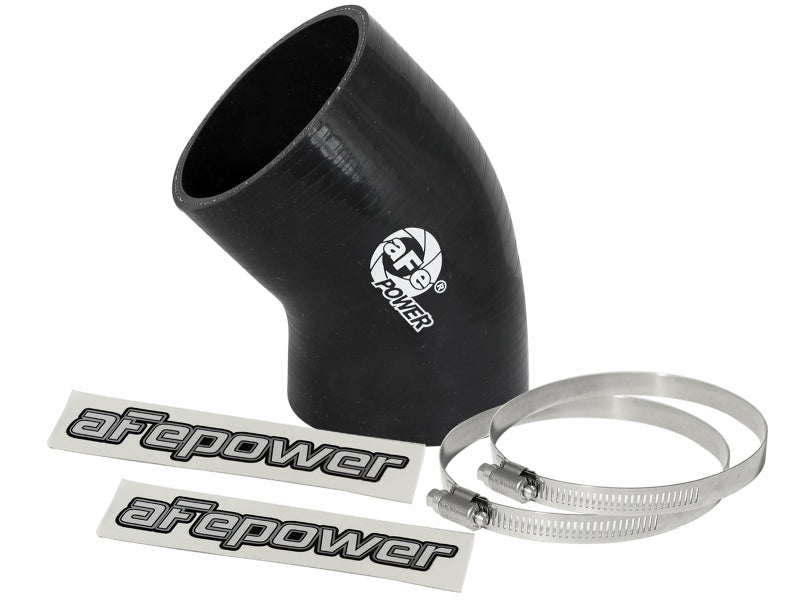 Black 45-degree elbow coupler for afe Magnum FORCE Intake, featuring a 3-inch to 3-1/4-inch ID, with stainless steel clamps and decals.
