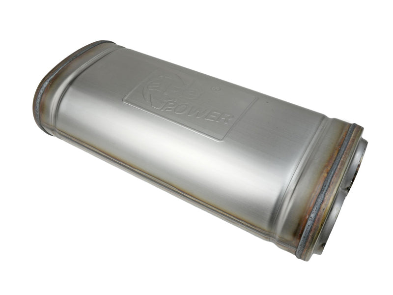 afe MACH Force-Xp dual inlet/outlet muffler with an oval body, measuring 5 inches high, 8 inches wide, and 18 inches long.