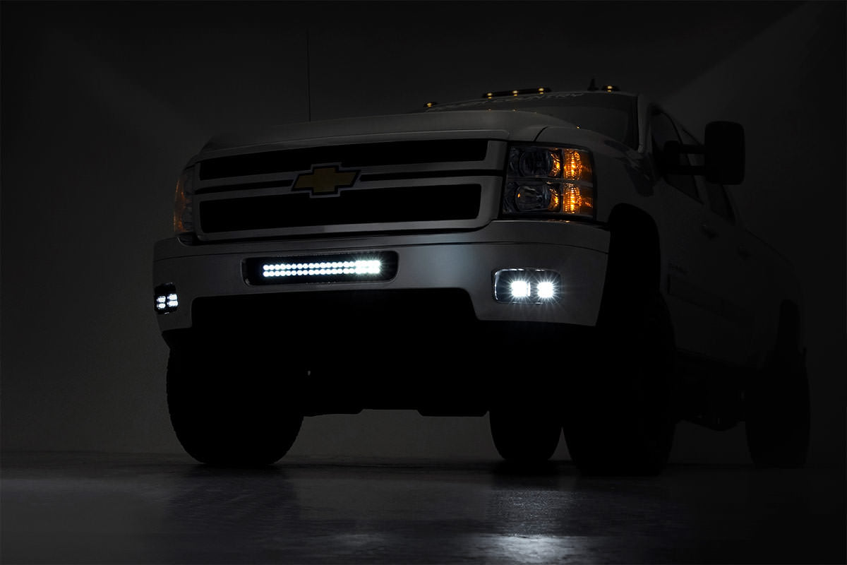LED Light Kit Fog Mount 2 Inch Black Pair Amber DRL Chevy Silverado 2500 HD/3500 HD (11-14) Rough Country