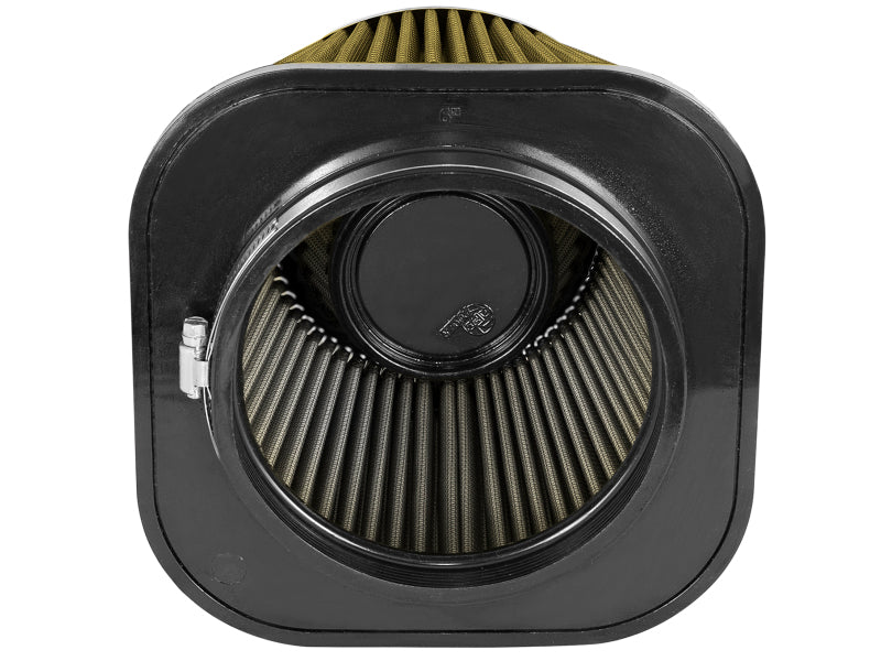 afe Track Series Intake Replacement Air Filter featuring a cylindrical design with a black frame and pleated filter media.