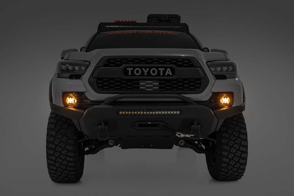 LED Fog Light Kit 3.5 Inch Round Black Series Amber DRL Toyota Tacoma (16-23) Rough Country