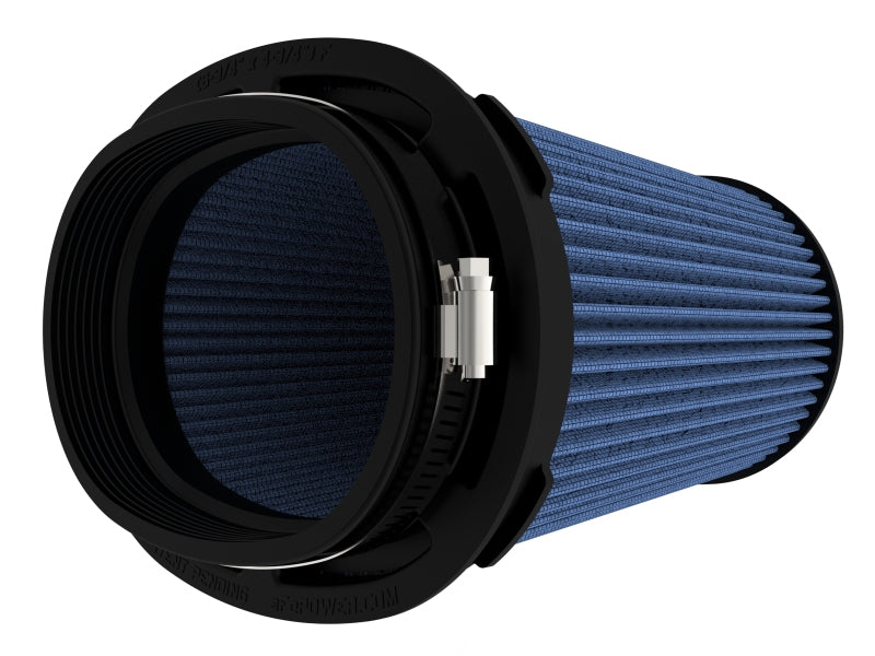 Afe Momentum replacement air filter with a cylindrical design, featuring a blue pleated filter element and black housing.